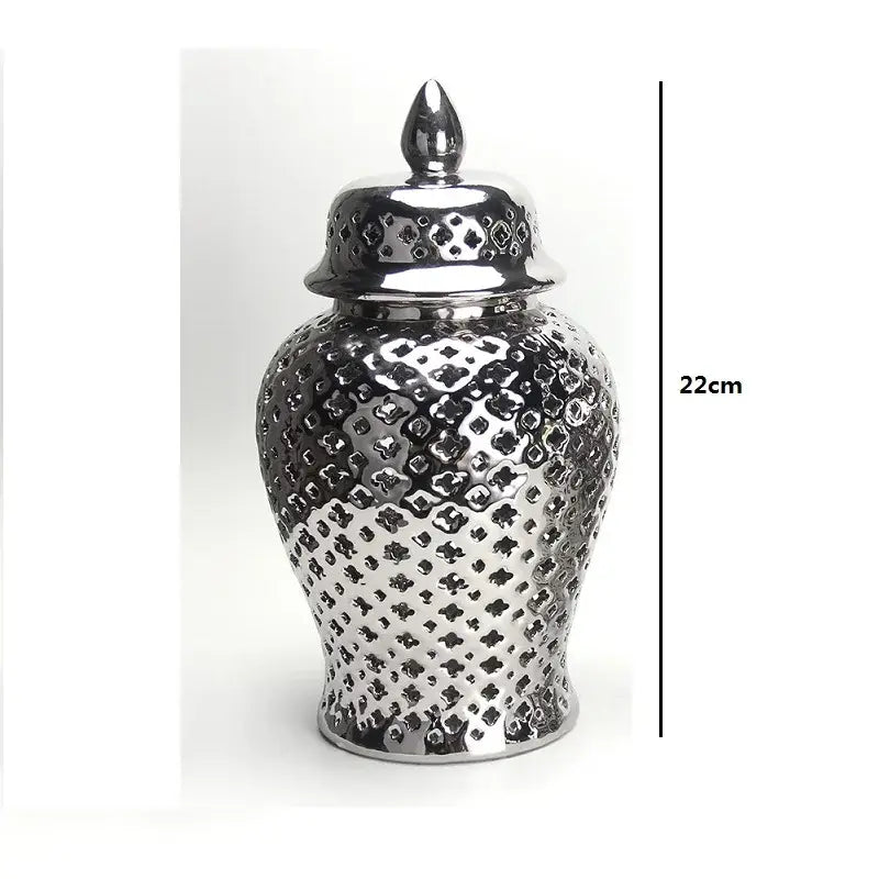 Silver ceramic ginger jar with diamond pattern and pointed finial for elegant home decor by DecorBites temple jar