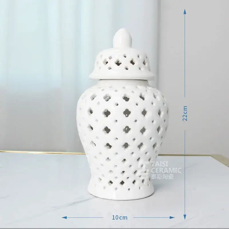 DecorBites gold ceramic carved temple jar in white with intricate lattice cutouts for elegant home decor