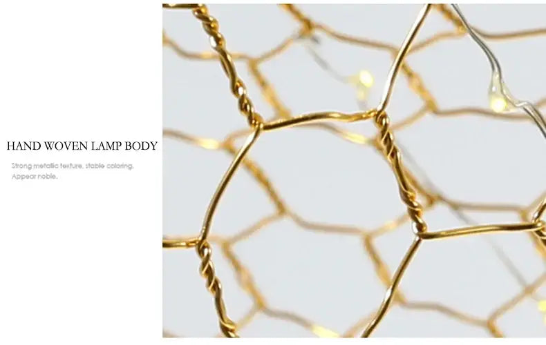 Decorbites gold cloud pendant lights featuring a gold hand-woven wire body with hexagonal mesh design for home and restaurant