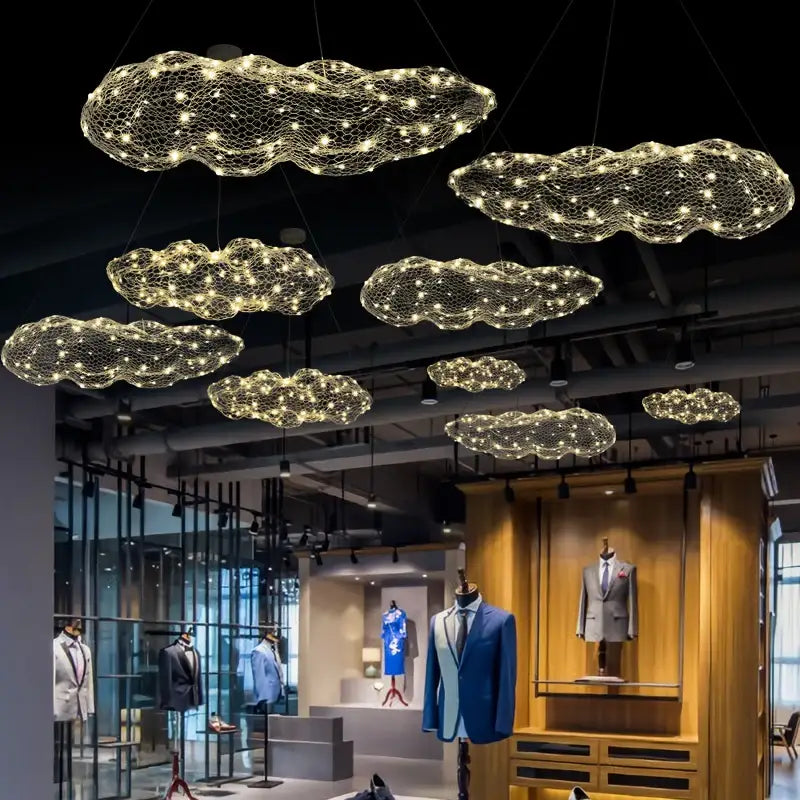 DecorBites gold cloud pendant lights with golden wire mesh and warm white led bulbs for home and restaurant use