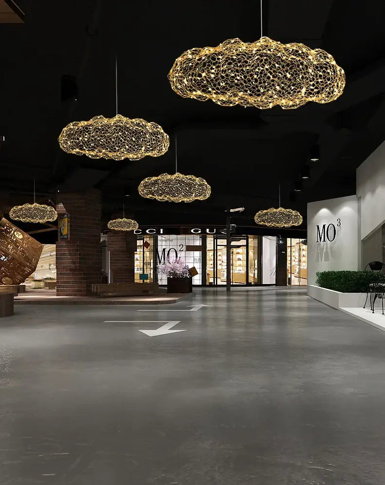 DecorBites gold cloud pendant lights with mesh wireframe design hanging for home and restaurant lighting decor