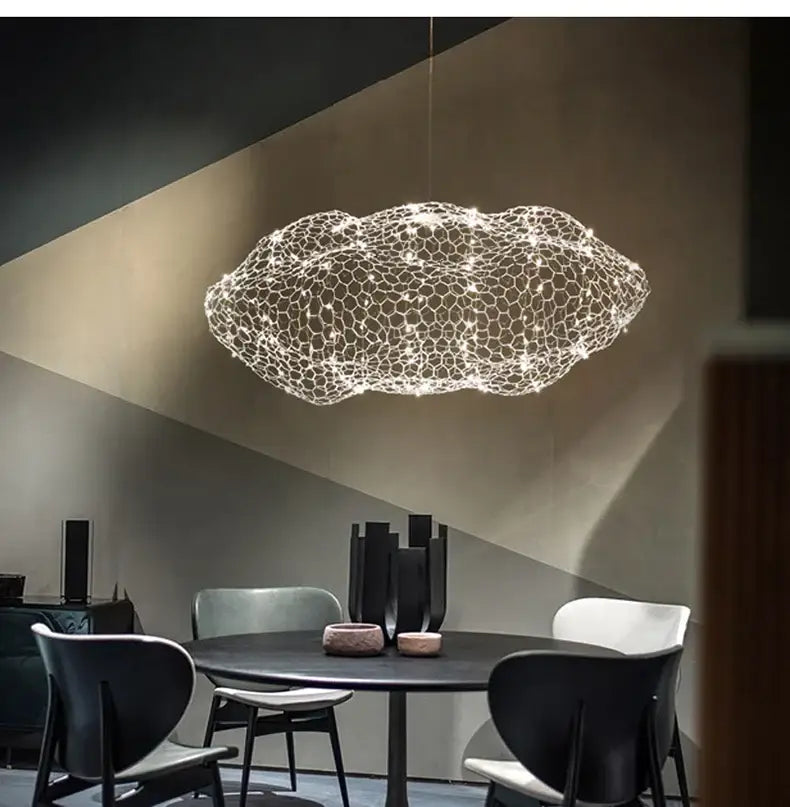 Decorbites gold cloud pendant lights featuring a wire mesh design with embedded warm white led cloud pendant lights