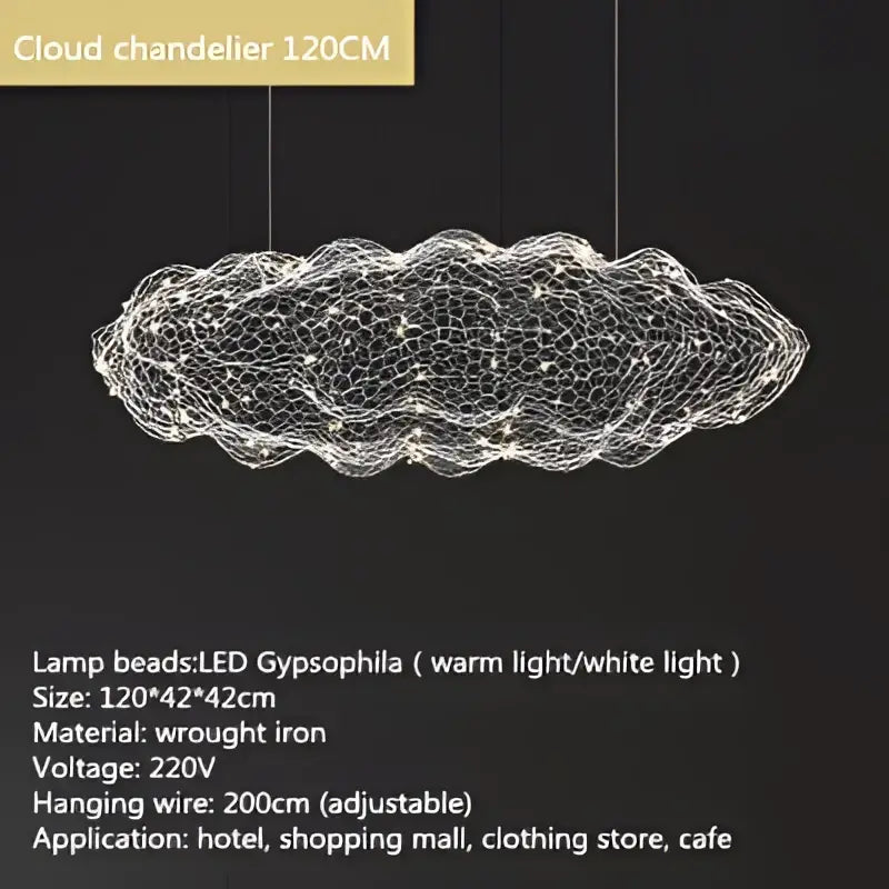 A modern gold cloud pendant light with mesh wrought iron design illuminated by led gypsophila bulbs for home use