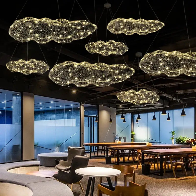 DecorBites gold cloud pendant lights with golden mesh design and warm white LED bulbs for home and restaurant use