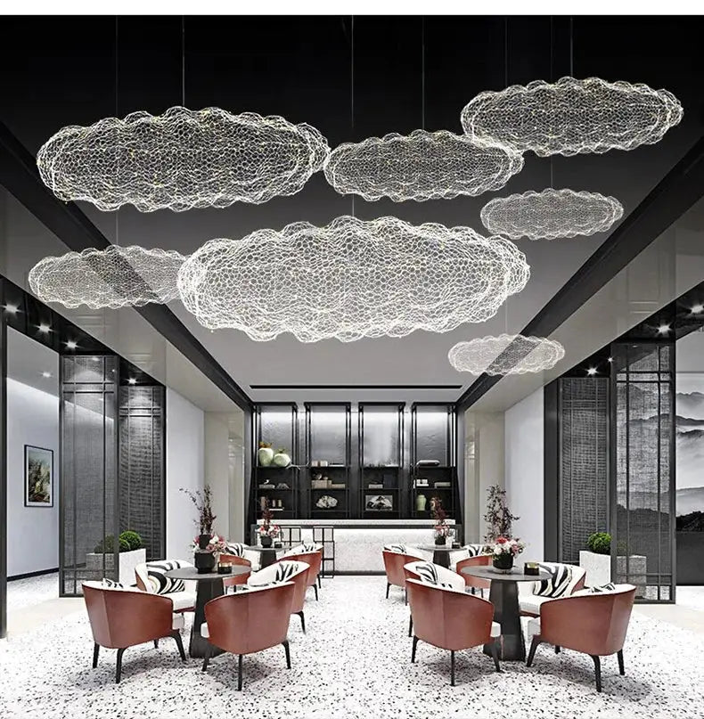 Decorbites gold cloud pendant lights with intricate white mesh design hang elegantly for home and restaurant lighting