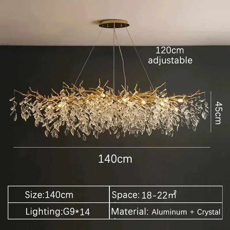 A 140cm adjustable decorbites gold crystal led chandelier with a golden aluminum frame and cascading clear crystal leaves
