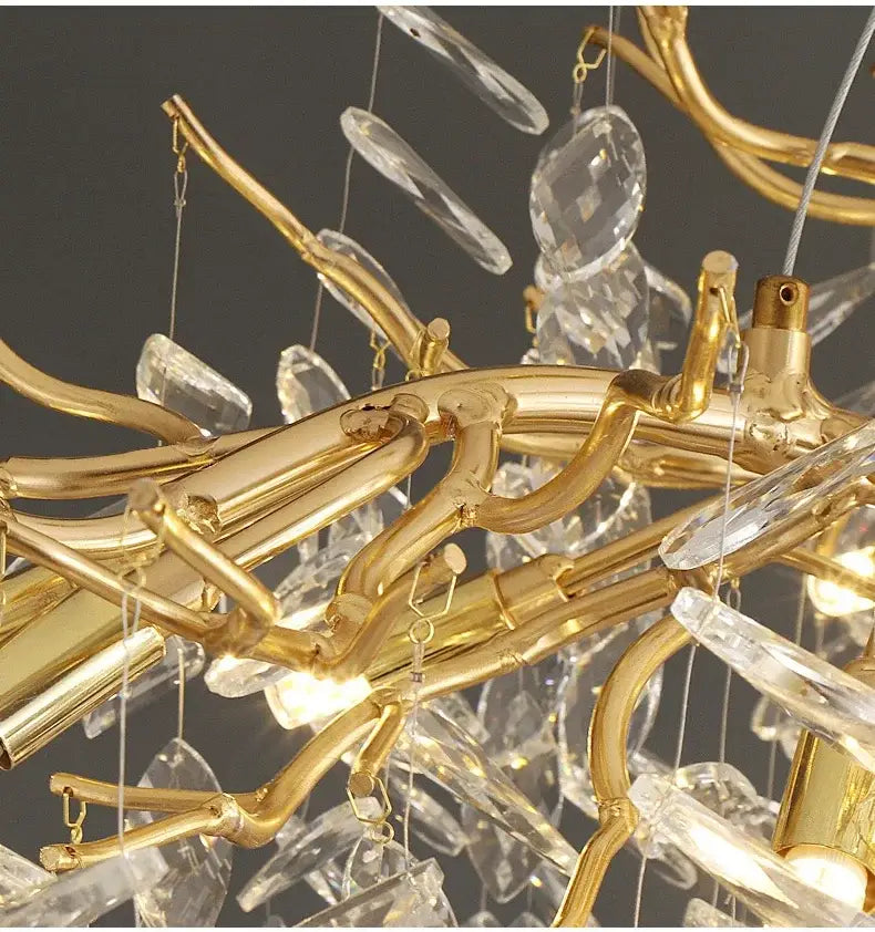 Decorbites gold crystal led chandelier with golden branch design and clear crystal droplets for home lighting