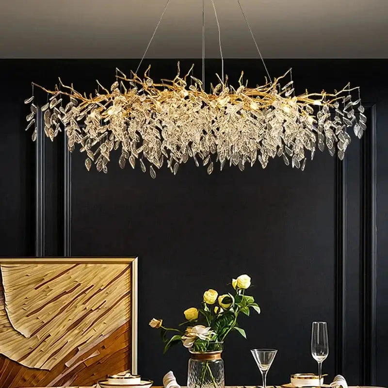 Decorbites gold crystal led chandelier with golden branch design and cascading clear crystal leaves for home lighting