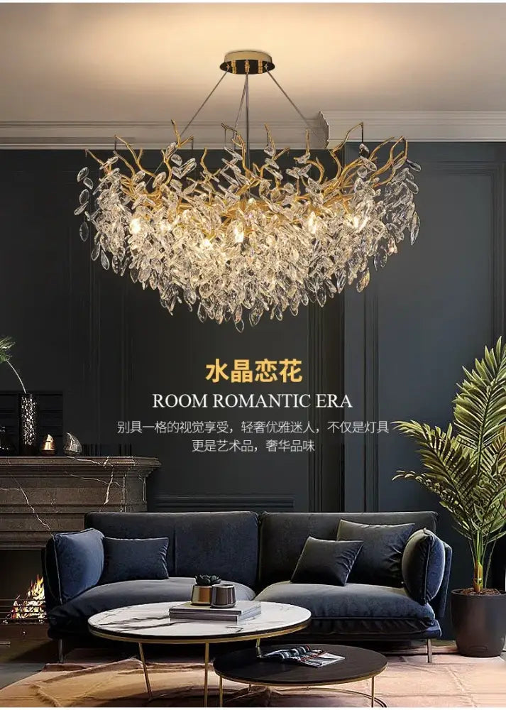 DecorBites gold crystal led chandelier with golden branch design and cascading clear crystal droplets for home lighting