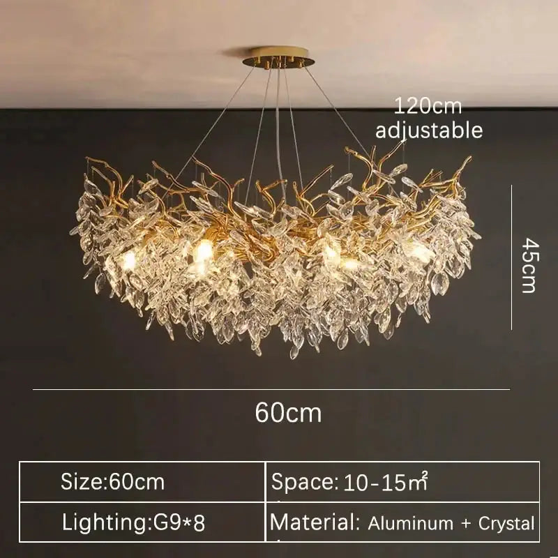 Decorbites gold crystal led chandelier with leaf shape clear crystal accents and eight g9 bulbs for home lighting