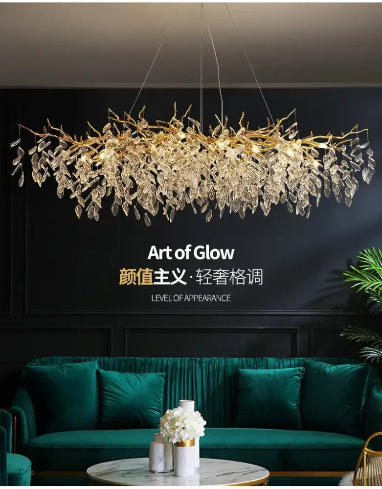 Gold crystal led chandelier by decorbites featuring a gold branch design with cascading crystal leaves for home lighting