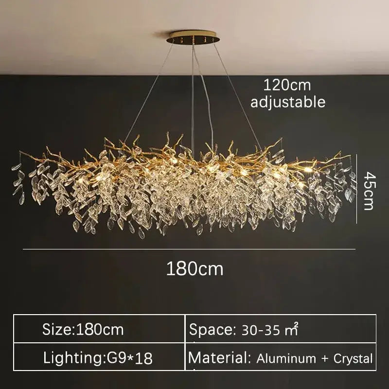 DecorBites™ gold crystal led chandelier with golden aluminum frame and clear crystal leaves for modern interiors