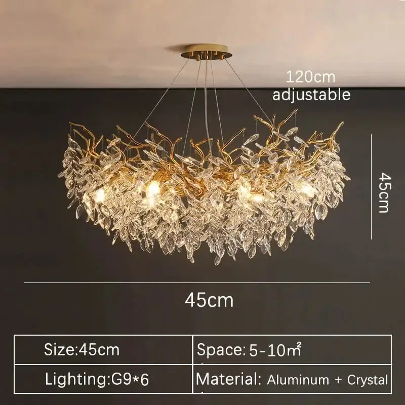 A luxurious DecorBites gold crystal led chandelier with cascading crystal leaves, six g9 bulbs, aluminum and crystal