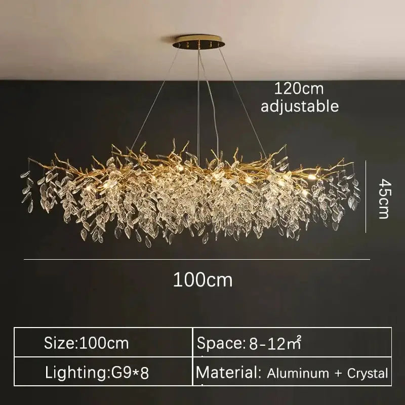A modern 100cm gold crystal led chandelier with a golden aluminum frame and cascading clear crystal leaves for home lighting