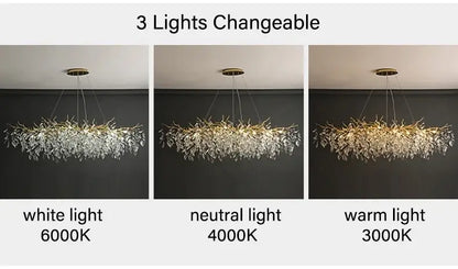 A modern gold crystal led chandelier by DecorBites with a leafy design made of clear crystal elements for home lighting