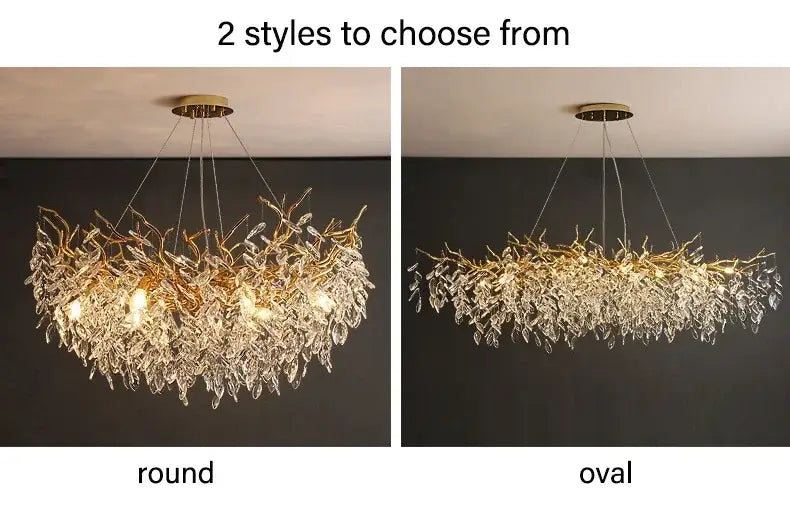Decorbites gold crystal led chandeliers with gold-toned finish and crystal leaf accents in round or oval styles