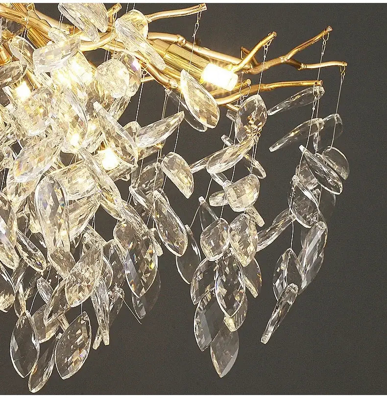 Decorbites gold crystal led chandelier with cascading clear crystal leaves and embedded warm lights for home lighting