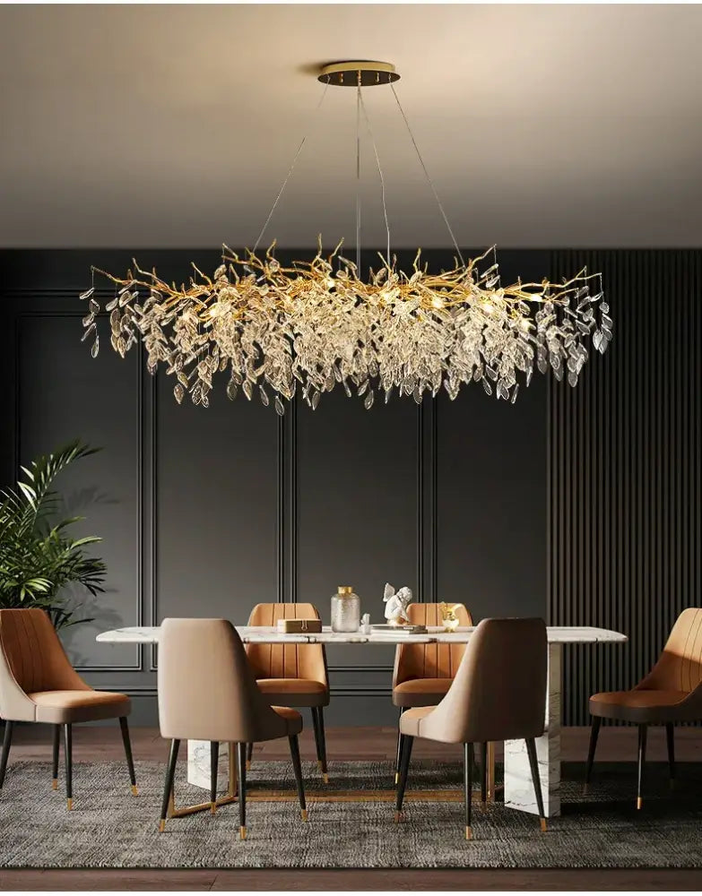 DecorBites™ gold crystal led chandelier with intricate branch design and dangling crystal leaves for home lighting