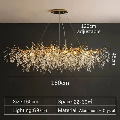 DecorBites™ gold crystal led chandelier with cascading aluminum and crystal leaves for elegant home lighting