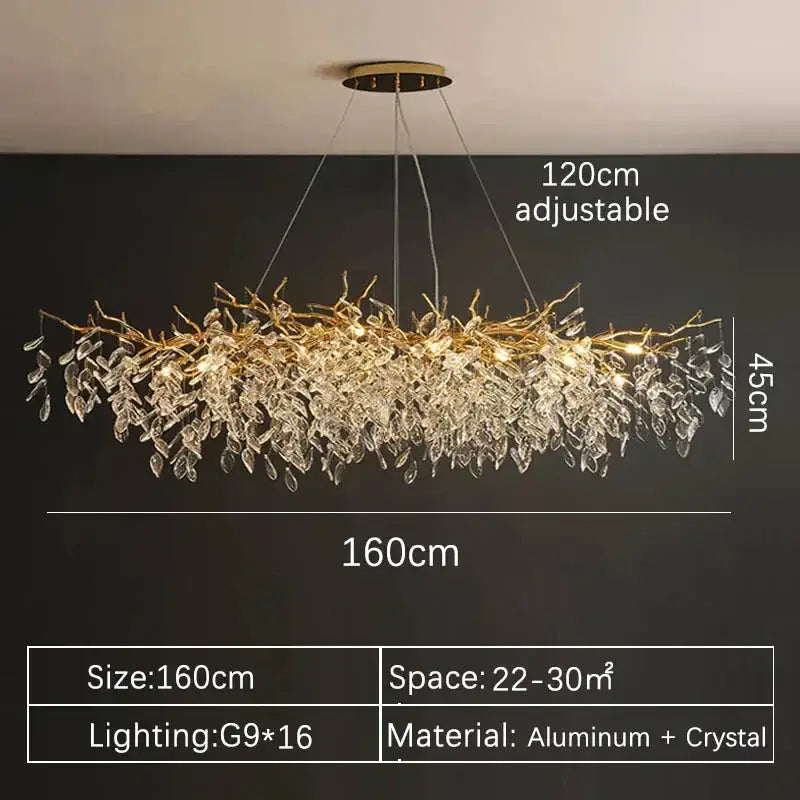 DecorBites™ gold crystal led chandelier with cascading aluminum and crystal leaves for elegant home lighting