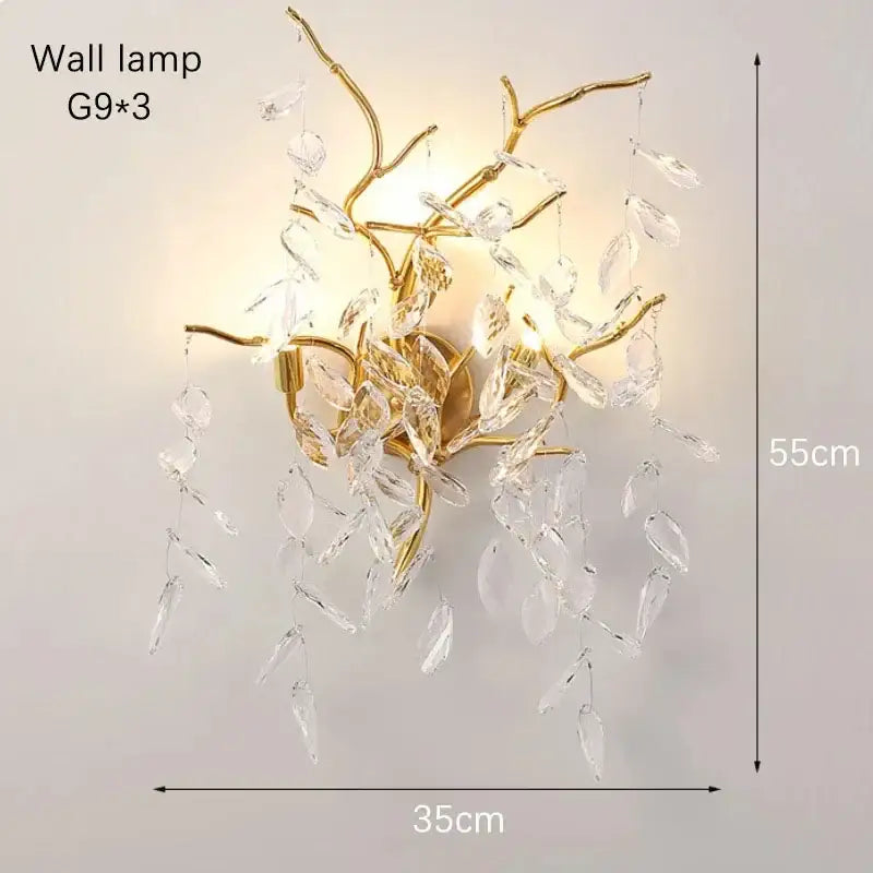 DecorBites™ gold crystal led branch wall lamp with dangling clear crystal leaves for elegant home lighting