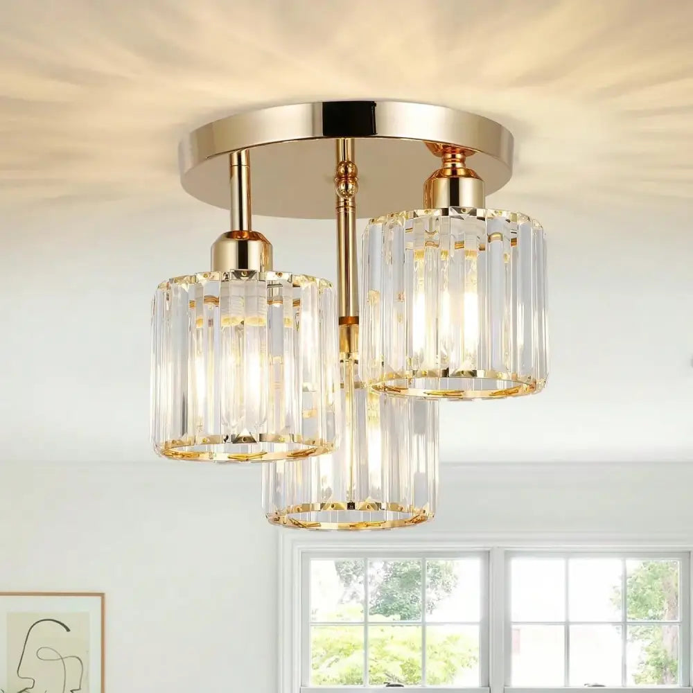 DecorBites gold crystal semi-flush mount ceiling light with three cylindrical crystal shades in gold tone