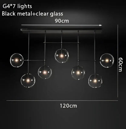 DecorBites™ gold glass bubble chandelier with black metal and clear glass pendant fixture with seven spherical bulbs for dining room