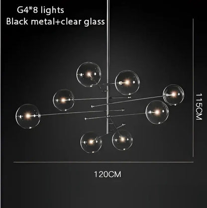 Black metal chandelier with eight clear glass bubble lights in a gold glass bubble design for dining room decor