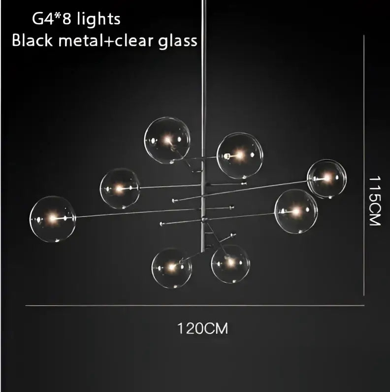 Black metal chandelier with eight clear glass bubble lights in a gold glass bubble design for dining room decor