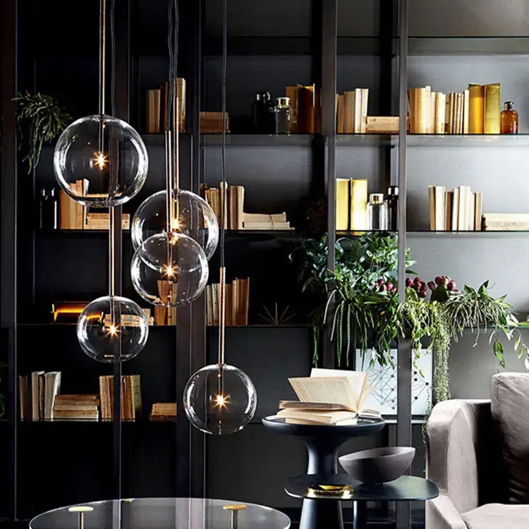 Decorbites™ gold glass bubble chandelier with clear glass globe pendant lights and warm bulbs for dining room decor