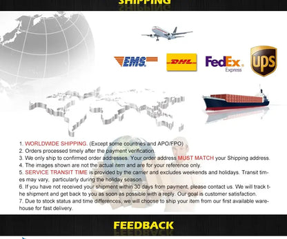 The image shows international shipping logos for the DecorBites gold glass bubble chandelier for dining room use