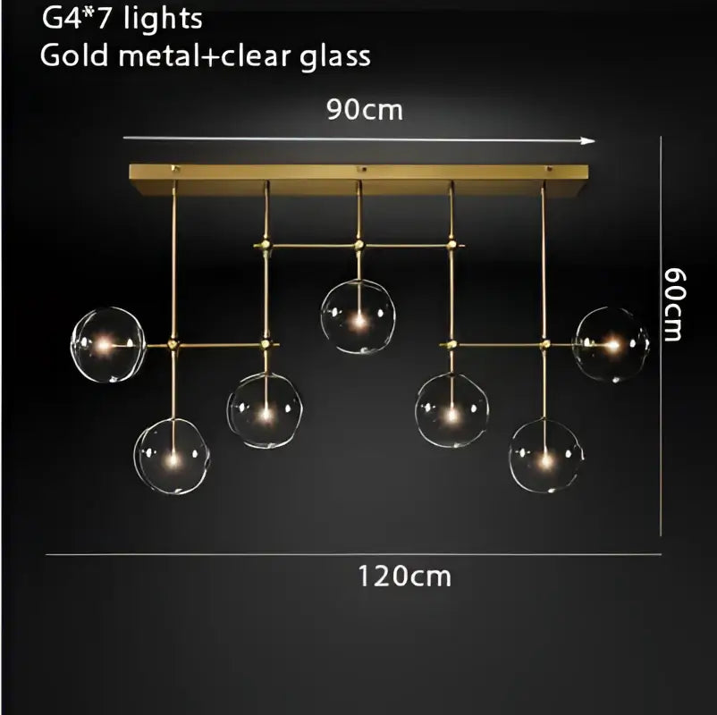 Gold metal chandelier with seven clear glass bubble globes in a gold glass bubble design for dining room decor