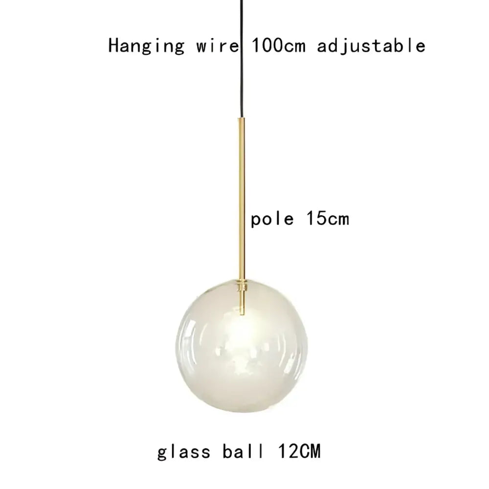 Decorbites gold glass bubble chandelier featuring a clear glass sphere with a brass pole and black adjustable wire