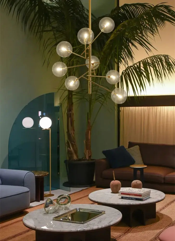 Decorbites gold glass bubble chandelier with spherical glass globes and gold metal frame for dining room lighting