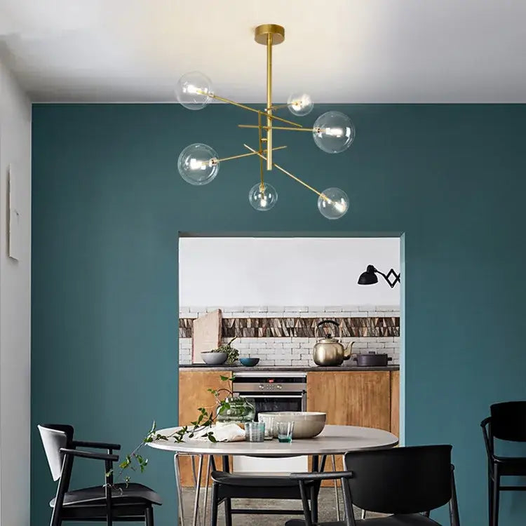 DecorBites gold glass bubble chandelier with multiple clear glass globe bulbs for dining room lighting