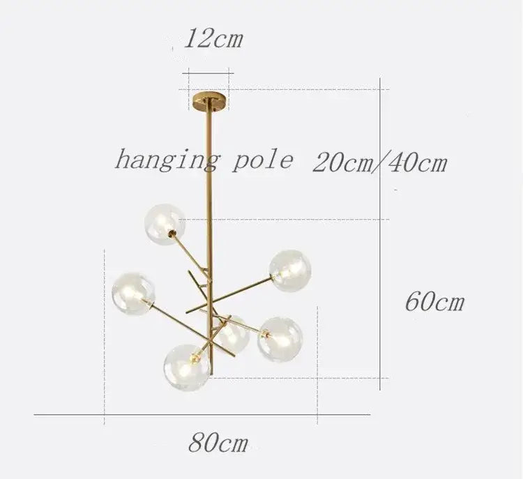 Decorbites gold glass bubble chandelier with gold-toned frame and clear glass globe bulbs for dining room lighting