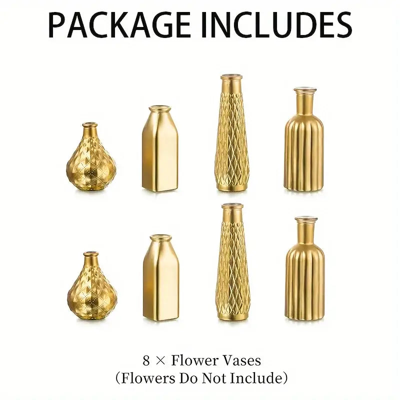 Set of eight gold glass vases in various shapes with textured finishes for elegant antique art style home decor