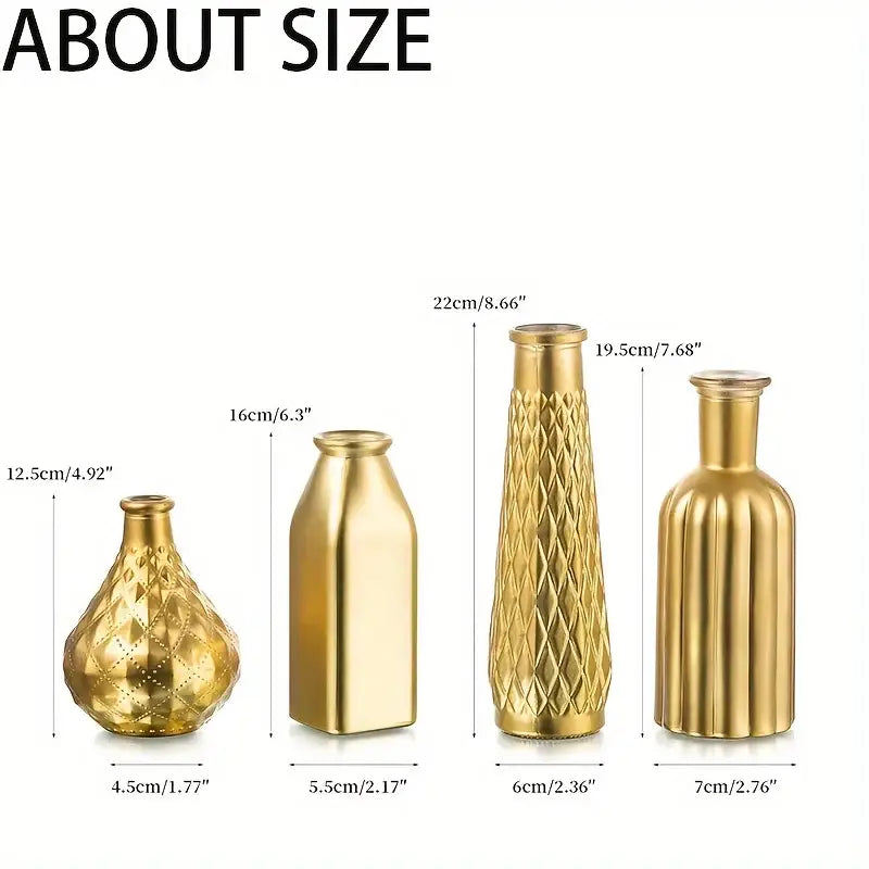 Set of four gold glass vases with intricate geometric patterns in antique art style for elegant home decor
