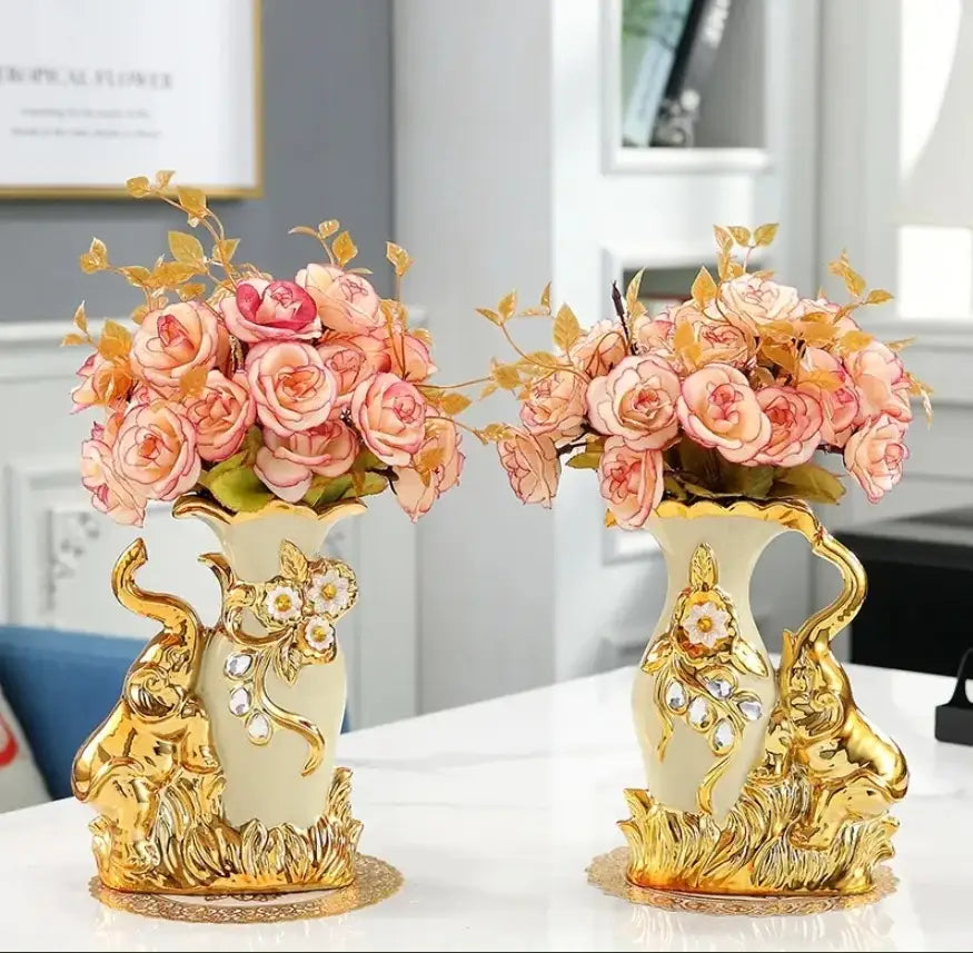 Decorbites cream ceramic gold glass vases with elephant embellishments and pink roses for stylish home decor