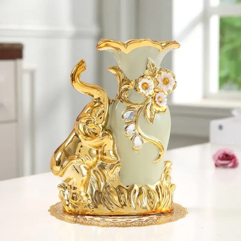Decorbites gold glass vase a pale green glass vase with gold accents white flowers and gemstones for stylish home decor