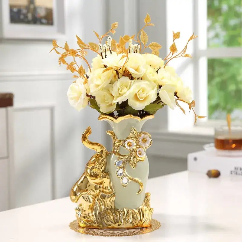 Decorbites gold glass vase ceramic with light green body gold accents and elephant floral embellishments for stylish decor