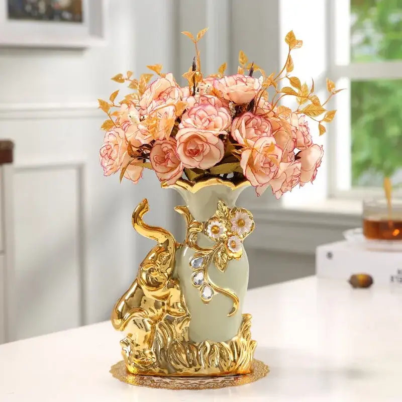 DecorBites gold glass vase with light green ceramic body gold accents and ornate elephant base for stylish home decor