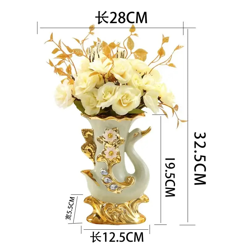 Elegant light green ceramic swan-shaped vase with gold accents and floral detailing for decorbites gold glass vase