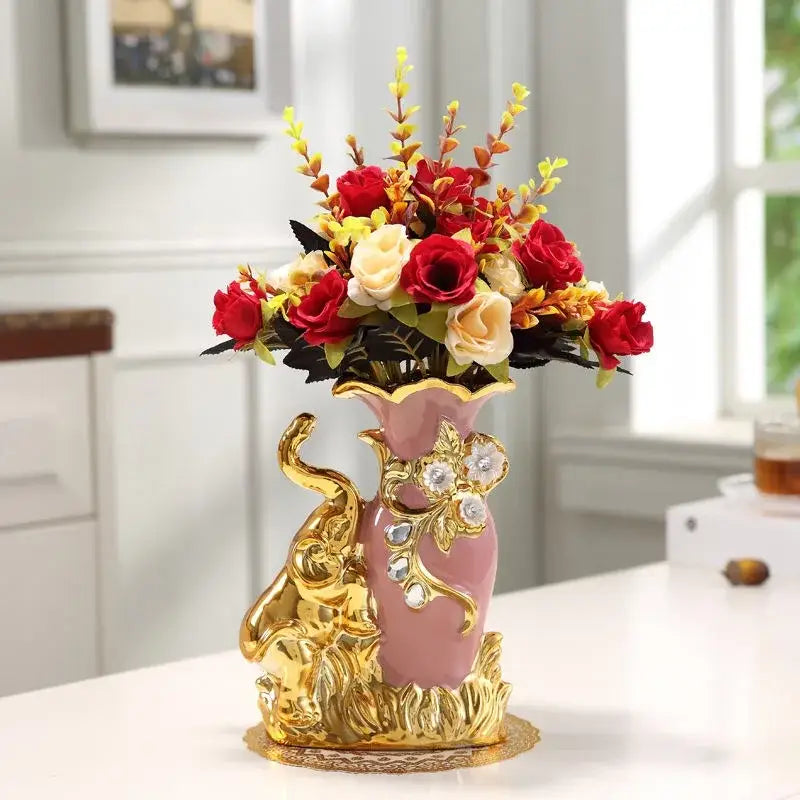 Decorbites™ gold glass vase is a pink ceramic glass vase with gold elephant and floral embellishments and clear rhinestones