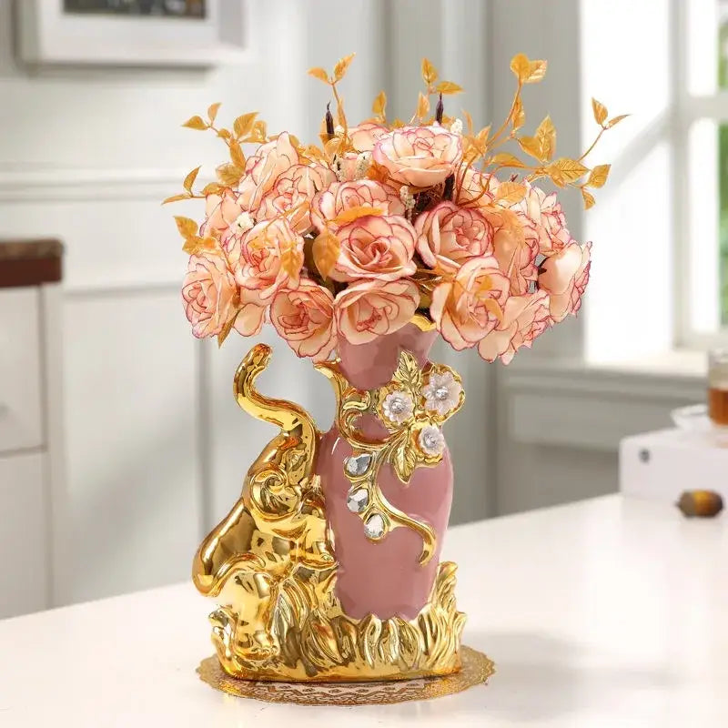 DecorBites gold glass vase pink ceramic with gold elephant base and crystal embellishments holding peach roses