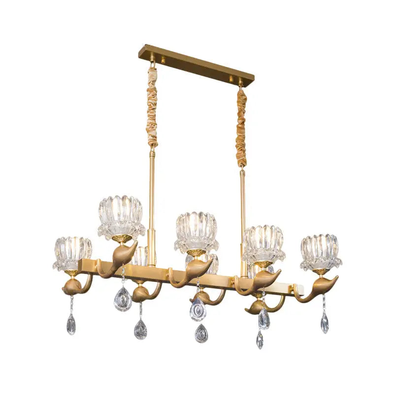Decorbites gold island chandelier with clear crystal glass shades and crystal draping for contemporary dining room