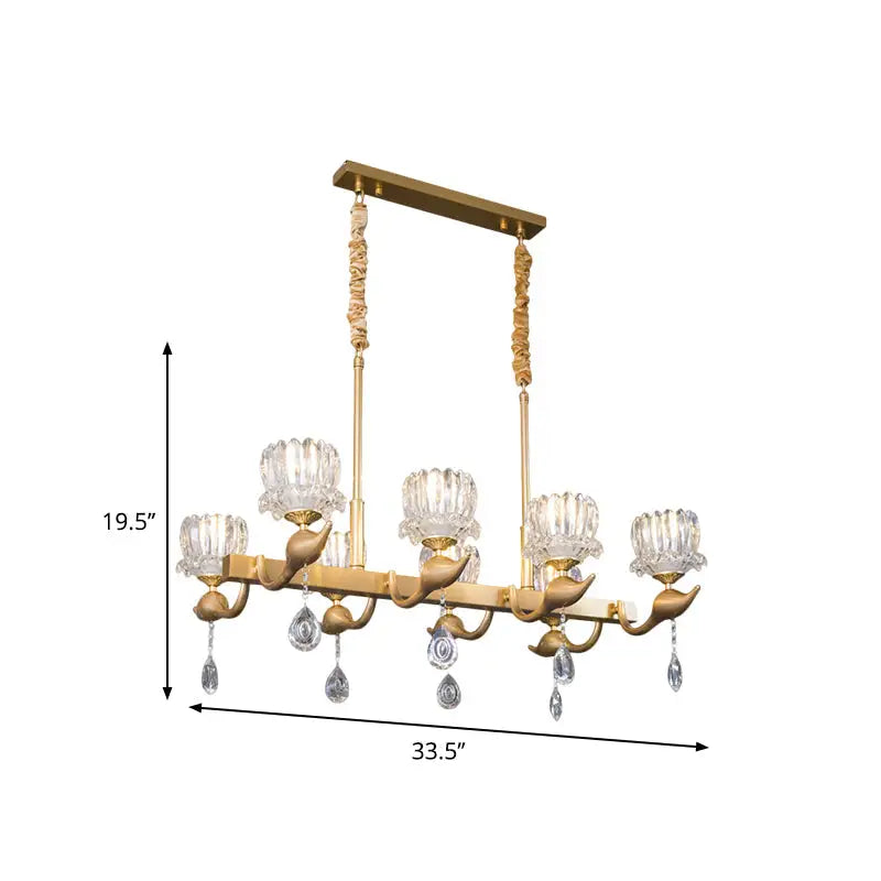 DecorBites gold island chandelier with five clear crystal glass shades and crystal draping for dining room lighting