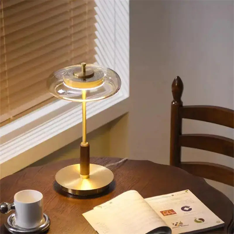 Decorbites gold lustre glass mushroom table lamp with a circular translucent shade and brass slender stem for bedroom wood accent