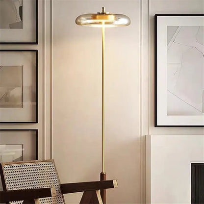 Decorbites gold lustre floor lamp with gold lustre glass mushroom shade and warm light for bedroom wood accent