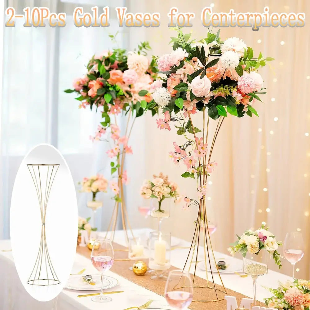 Decorbites gold metal trumpet flower stand vases with sleek modern design featuring thin vertical rods